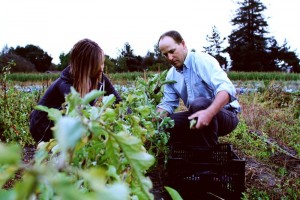 Jesse and Lisa filling a box with fresh vegetables. Photography by Janae Alyssa Lloyd